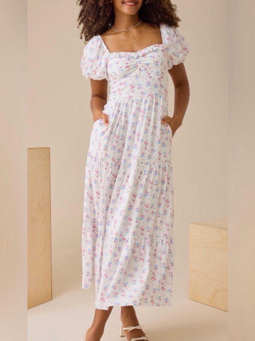 Altar'd State Jessy Puff Sleeve White Floral Maxi Dress